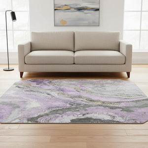 HomeRoots 8' X 10' Washable Lavender Gray & Ivory Abstract Area Rug with UV Protection for Modern Living Spaces 707747