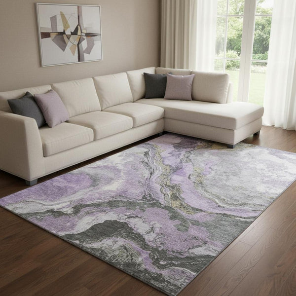 HomeRoots 9' X 12' Abstract Lavender-Gray Area Rug with UV Protection - Washable, Durable & Stylish Design! 707748