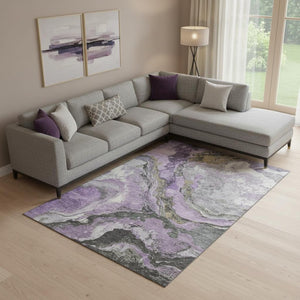 HomeRoots 10' X 14' Stylish Lavender Gray & Ivory Abstract Washable Area Rug with UV Protection for Homes 707749