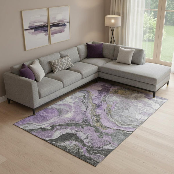 HomeRoots 10' X 14' Stylish Lavender Gray & Ivory Abstract Washable Area Rug with UV Protection for Homes 707749