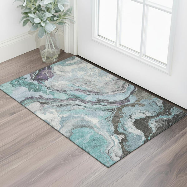 HomeRoots 5' X 8' Teal Gray Ivory Abstract Washable Area Rug with UV Protection for Modern Living Spaces 707751