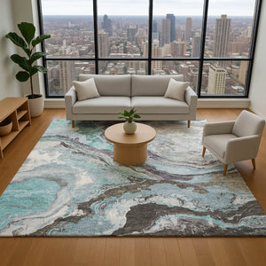 HomeRoots 5' X 8' Teal Gray Ivory Abstract Washable Area Rug with UV Protection for Modern Living Spaces 707751