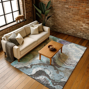 HomeRoots 5' X 8' Teal Gray Ivory Abstract Washable Area Rug with UV Protection for Modern Living Spaces 707751