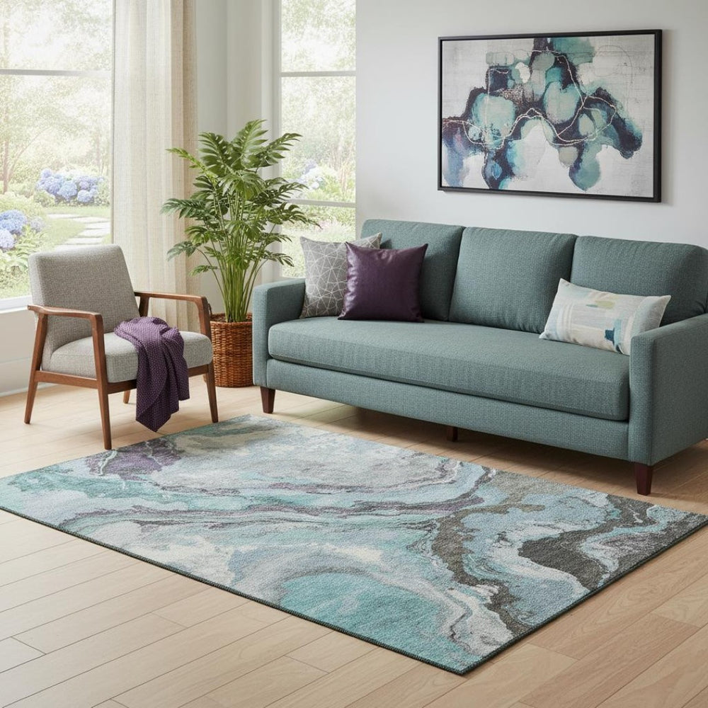 HomeRoots 8' Teal Gray and Ivory Abstract Washable Round Rug – Stain Resistant, UV Protected & Low Maintenance 707752