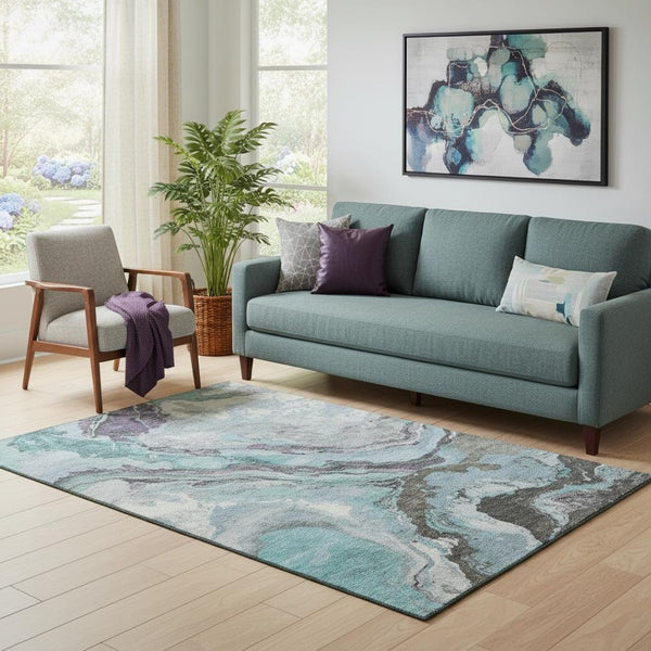 HomeRoots 8' Teal Gray and Ivory Abstract Washable Round Rug – Stain Resistant, UV Protected & Low Maintenance 707752