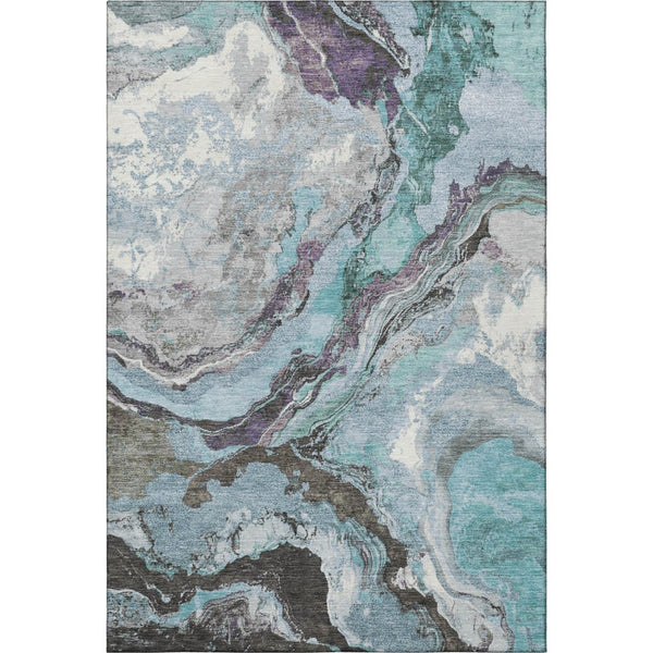 HomeRoots 8' Teal Gray and Ivory Abstract Washable Round Rug – Stain Resistant, UV Protected & Low Maintenance 707752