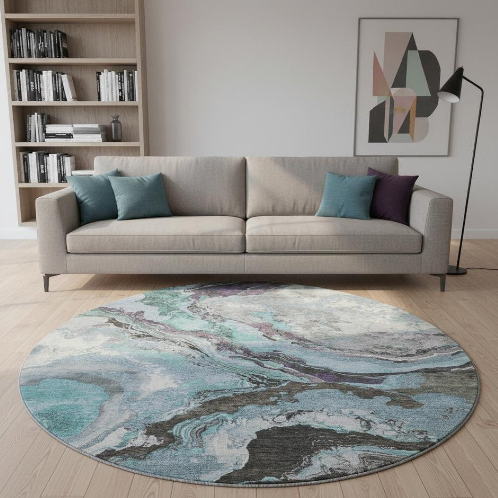 HomeRoots 8' X 10' Stylish Teal Gray & Ivory Abstract Washable Area Rug with UV Protection for Homes 707753