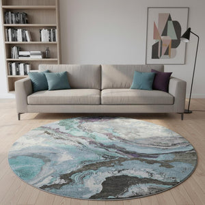 HomeRoots 8' X 10' Stylish Teal Gray & Ivory Abstract Washable Area Rug with UV Protection for Homes 707753
