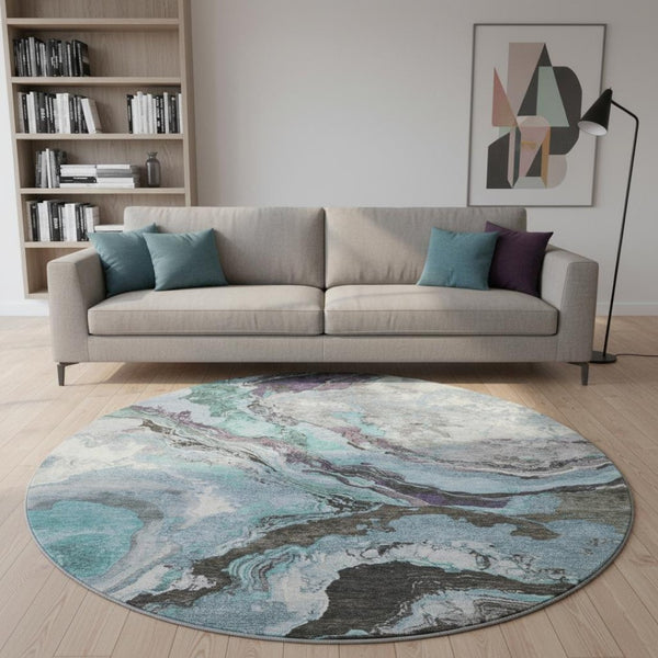 HomeRoots 8' X 10' Stylish Teal Gray & Ivory Abstract Washable Area Rug with UV Protection for Homes 707753