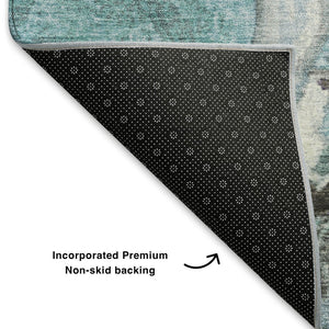 HomeRoots 8' X 10' Stylish Teal Gray & Ivory Abstract Washable Area Rug with UV Protection for Homes 707753