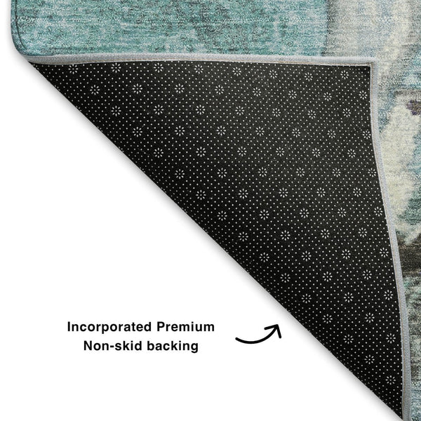HomeRoots 8' X 10' Stylish Teal Gray & Ivory Abstract Washable Area Rug with UV Protection for Homes 707753
