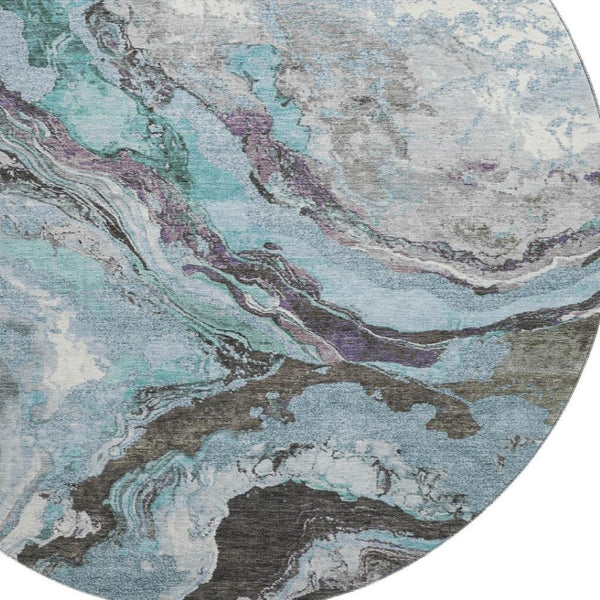 HomeRoots 8' X 10' Stylish Teal Gray & Ivory Abstract Washable Area Rug with UV Protection for Homes 707753
