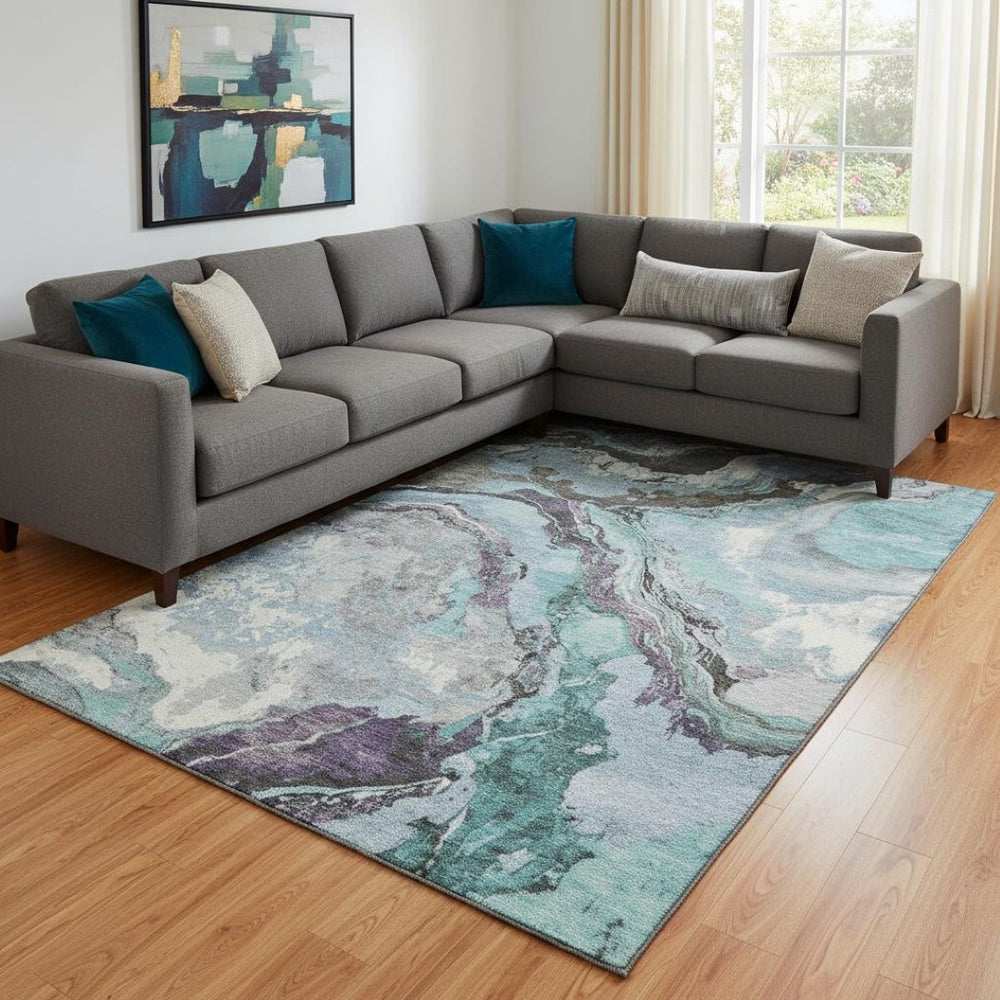 HomeRoots 9' X 12' Teal Gray Ivory Abstract Area Rug - Washable, UV-Resistant, Perfect for High-Traffic Areas 707754