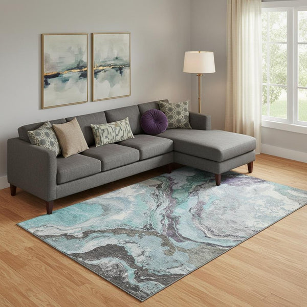 HomeRoots 10' Contemporary Teal Gray & Ivory Abstract Area Rug - Washable, UV Resistant, Non-Slip Design! 707755