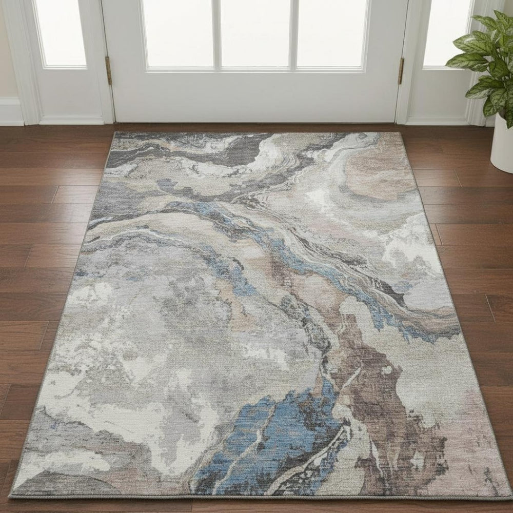 HomeRoots 5' X 8' Durable Taupe Blue & Ivory Abstract Area Rug with UV Protection - Easy Care & Stylish Design! 707757