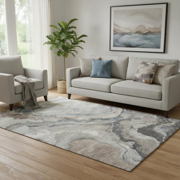 HomeRoots 8' Stylish Taupe Blue Ivory Abstract Round Rug – Washable, UV Protected, Durable & Pet-Friendly! 707758