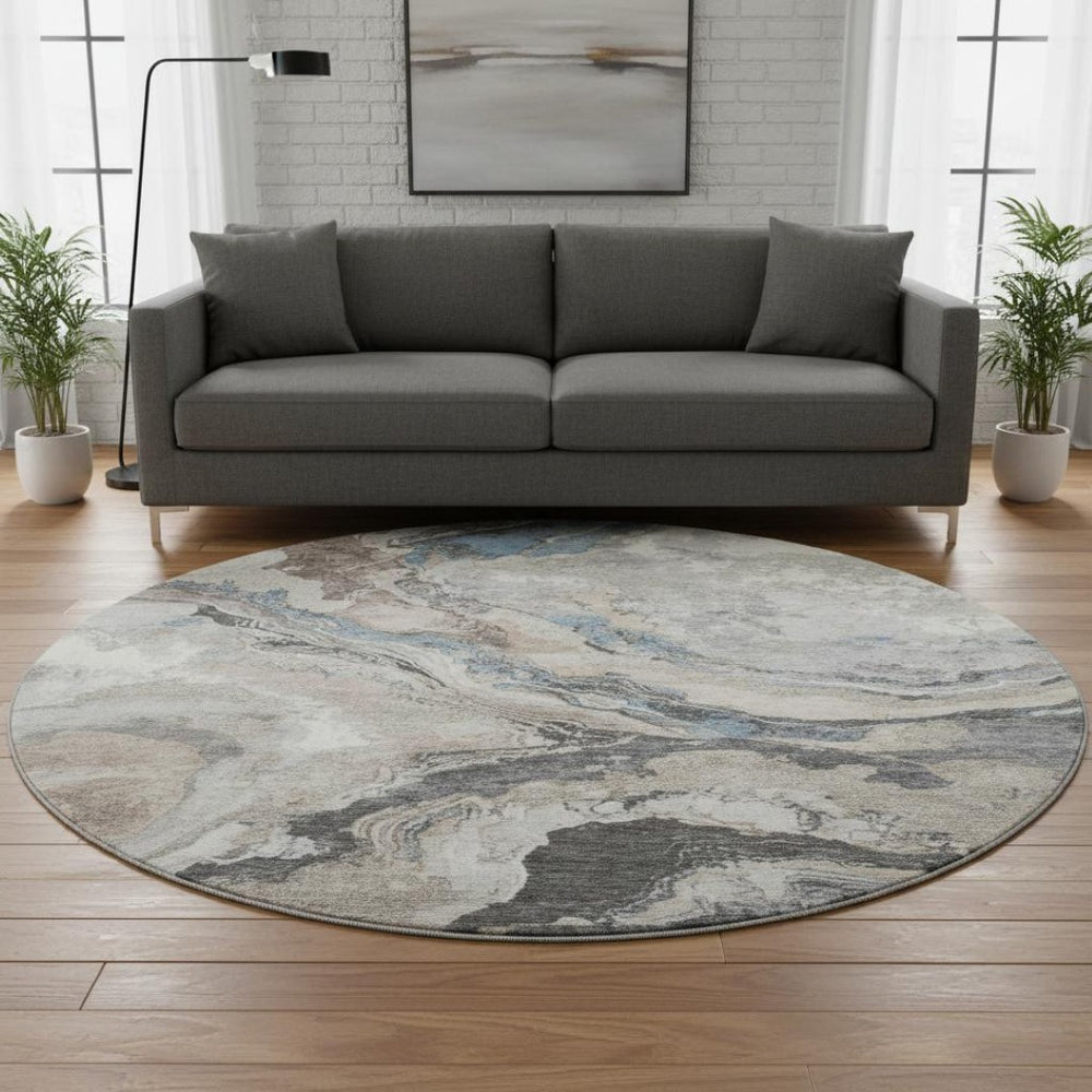 HomeRoots 8' X 10' Modern Abstract Washable Area Rug in Taupe, Blue & Ivory - Durable, Stylish & UV Resistant! 707759