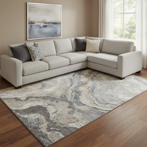 HomeRoots 9' X 12' Abstract Washable Area Rug in Taupe, Blue & Ivory - UV Protected, Durable & Stylish Design 707760