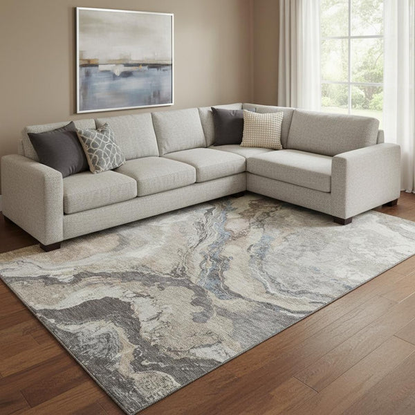 HomeRoots 9' X 12' Abstract Washable Area Rug in Taupe, Blue & Ivory - UV Protected, Durable & Stylish Design 707760