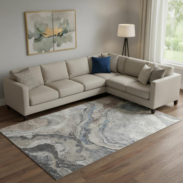 HomeRoots 10' X 14' Abstract Area Rug in Taupe, Blue & Ivory - Durable, Washable, UV Protected, Stain Resistant! 707761