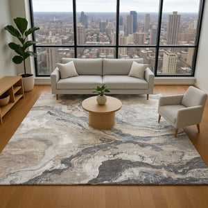 HomeRoots 10' X 14' Abstract Area Rug in Taupe, Blue & Ivory - Durable, Washable, UV Protected, Stain Resistant! 707761