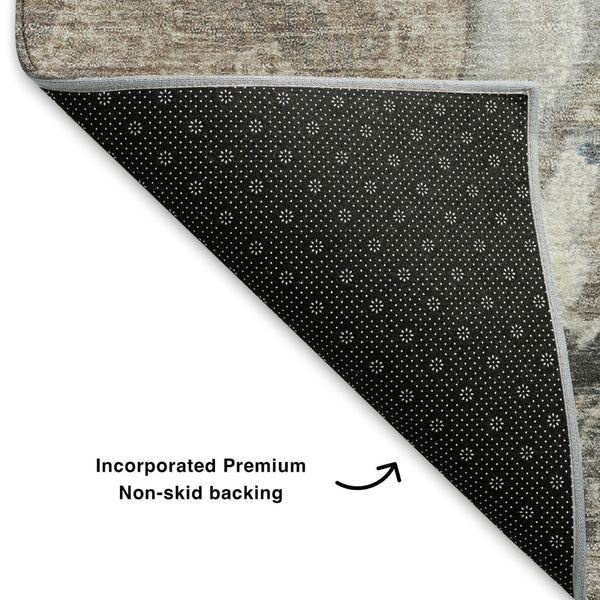 HomeRoots 10' X 14' Abstract Area Rug in Taupe, Blue & Ivory - Durable, Washable, UV Protected, Stain Resistant! 707761