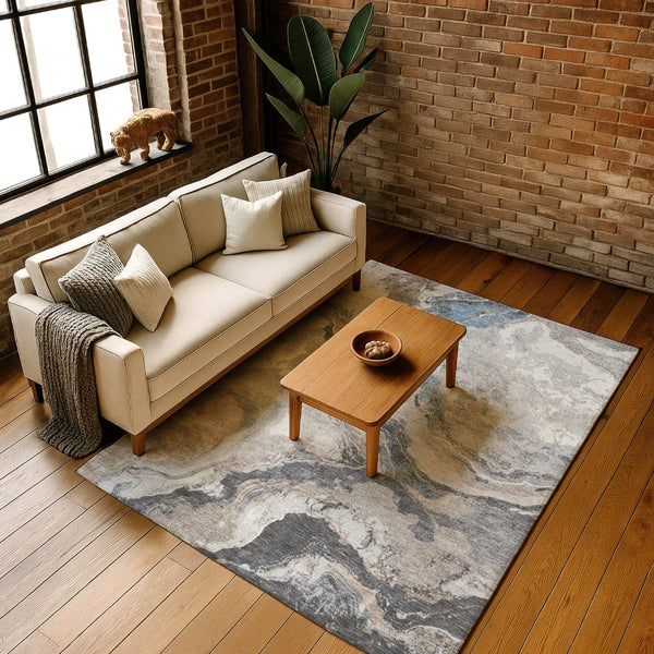 HomeRoots 10' X 14' Abstract Area Rug in Taupe, Blue & Ivory - Durable, Washable, UV Protected, Stain Resistant! 707761