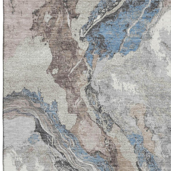 HomeRoots 10' X 14' Abstract Area Rug in Taupe, Blue & Ivory - Durable, Washable, UV Protected, Stain Resistant! 707761