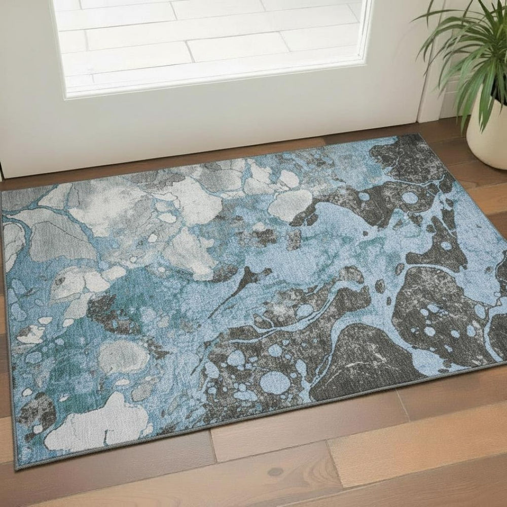 HomeRoots 5' X 8' Washable Blue Gray Ivory Abstract Area Rug with UV Protection for Modern Homes & Families 707763
