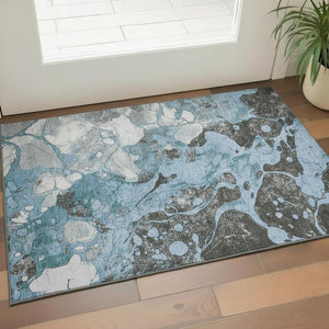 HomeRoots 5' X 8' Washable Blue Gray Ivory Abstract Area Rug with UV Protection for Modern Homes & Families 707763