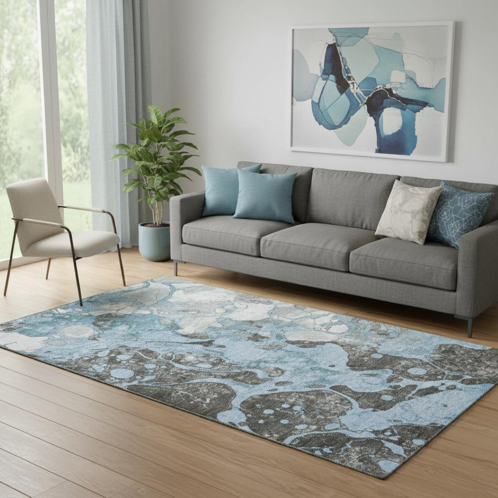 HomeRoots 8' Blue Gray and Ivory Abstract Washable Round Rug - Durable, Stylish, and UV Protected for Your Home 707764