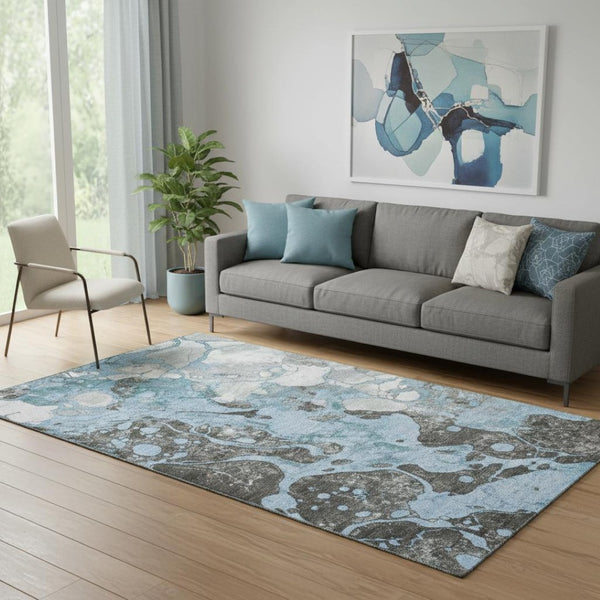 HomeRoots 8' Blue Gray and Ivory Abstract Washable Round Rug - Durable, Stylish, and UV Protected for Your Home 707764