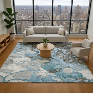 HomeRoots 9' X 12' Washable Blue Gray Ivory Abstract Area Rug with UV Protection for Modern Living Spaces 707766