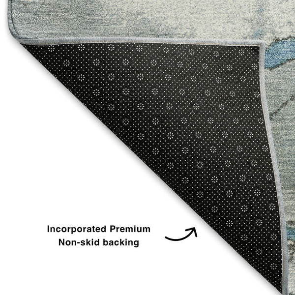 HomeRoots 9' X 12' Washable Blue Gray Ivory Abstract Area Rug with UV Protection for Modern Living Spaces 707766
