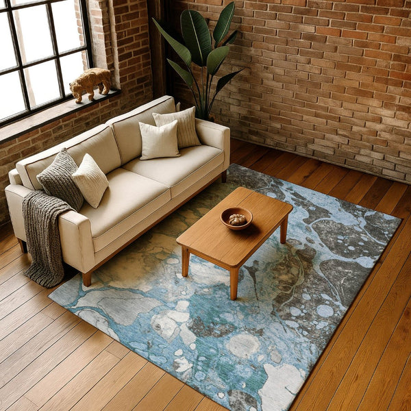 HomeRoots 9' X 12' Washable Blue Gray Ivory Abstract Area Rug with UV Protection for Modern Living Spaces 707766