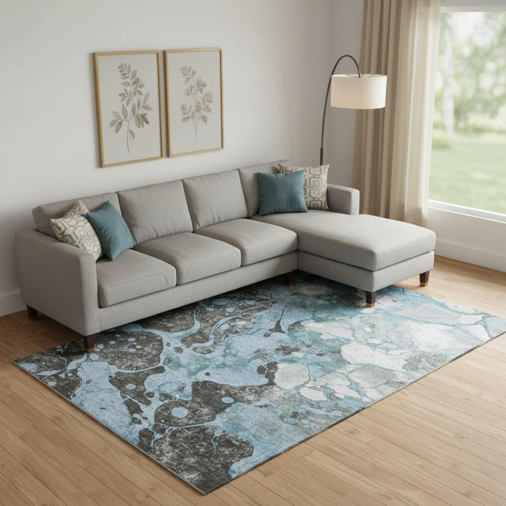 HomeRoots 10' X 14' Blue Gray Ivory Abstract Washable Area Rug with UV Protection for High-Traffic Spaces 707767