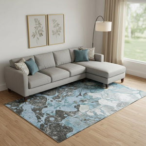 HomeRoots 10' X 14' Blue Gray Ivory Abstract Washable Area Rug with UV Protection for High-Traffic Spaces 707767