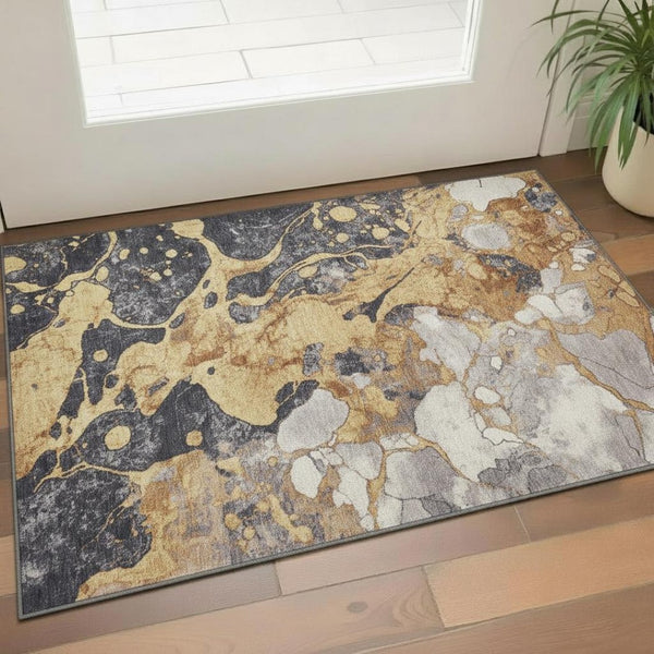 HomeRoots 5' X 8' Stylish Gold, Gray & Ivory Abstract Area Rug - Washable, UV-Resistant, Pet-Friendly Design 707769