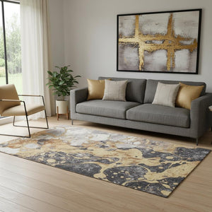 HomeRoots 8' Gold Gray And Ivory Abstract Round Rug - Washable, UV-Protected, Durable for High-Traffic Use 707770