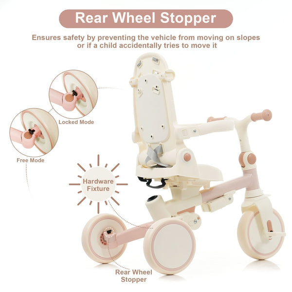 English Elm 7 in 1 Convertible Toddler Trike Aluminum Foldable Push Bike with Canopy for Ages 1 to 6 Pink N726P248345G