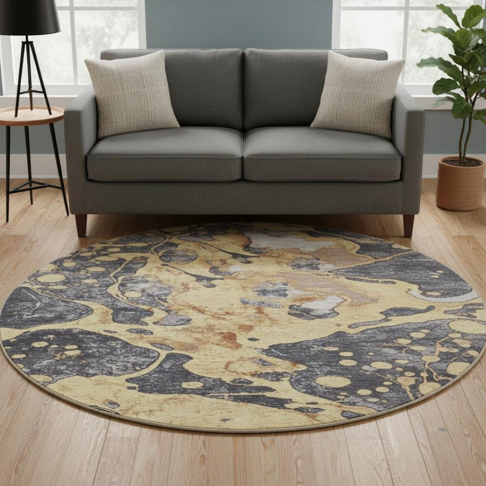 HomeRoots 8' Modern Gold, Gray & Ivory Abstract Washable Area Rug - Stain-Resistant, UV-Protected Style! 707771