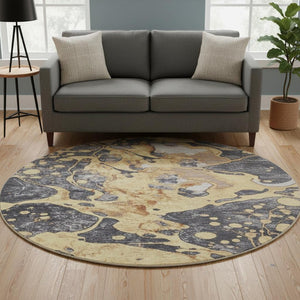 HomeRoots 8' Modern Gold, Gray & Ivory Abstract Washable Area Rug - Stain-Resistant, UV-Protected Style! 707771
