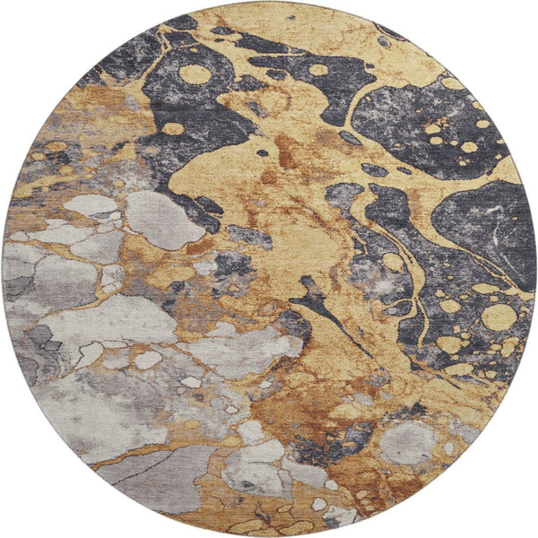 HomeRoots 8' Modern Gold, Gray & Ivory Abstract Washable Area Rug - Stain-Resistant, UV-Protected Style! 707771