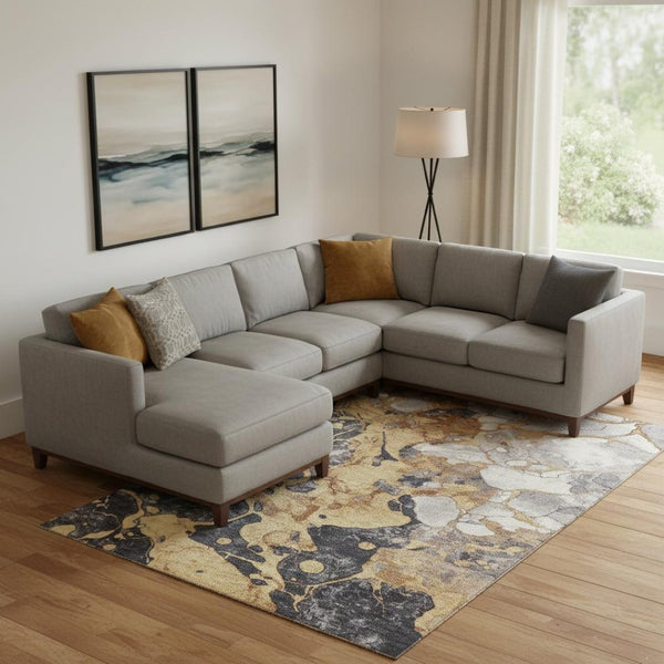 HomeRoots 10' X 14' Gold Gray Ivory Abstract Area Rug - Washable, UV Protected, Durable for Busy Homes & Pets 707773