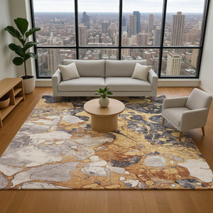 HomeRoots 10' X 14' Gold Gray Ivory Abstract Area Rug - Washable, UV Protected, Durable for Busy Homes & Pets 707773