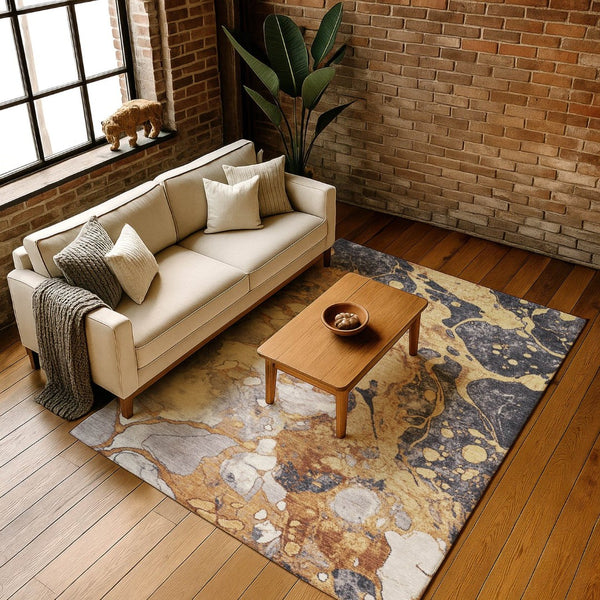 HomeRoots 10' X 14' Gold Gray Ivory Abstract Area Rug - Washable, UV Protected, Durable for Busy Homes & Pets 707773