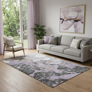 HomeRoots 8' Washable Round Rug in Lavender, Beige & Gray - UV-Protected, Stain-Resistant, Non-Slip Design 707776