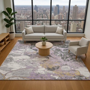 HomeRoots 9' X 12' Stylish Abstract Washable Area Rug in Lavender, Beige & Gray - UV Protected & Durable Design 707778