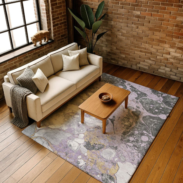 HomeRoots 9' X 12' Stylish Abstract Washable Area Rug in Lavender, Beige & Gray - UV Protected & Durable Design 707778