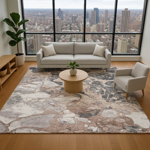 HomeRoots 5' X 8' Coffee Gray & Ivory Abstract Washable Area Rug with UV Protection for Stylish Durability 707781
